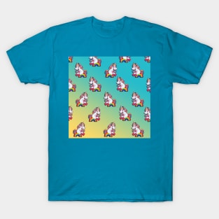 Funny gamer unicorn in blue & yellow T-Shirt